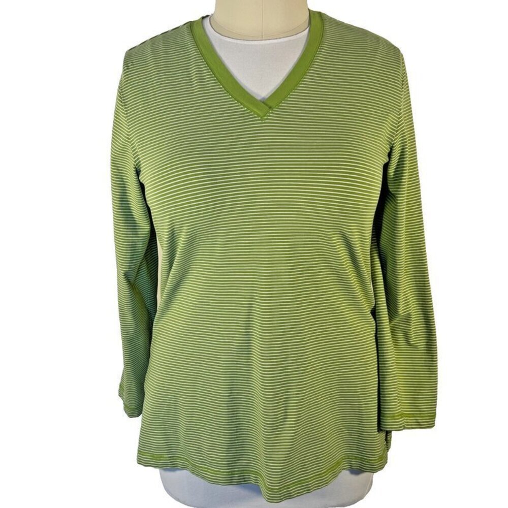 Chico's Women's XL Tunic Top V-Neck Long Roll Tab Sleeve Green White Pin Stripe